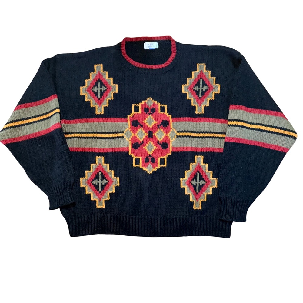 VTG Robert Bruce Mens XL Black Southwestern Geometric Knit Grandpa Sweater 90s